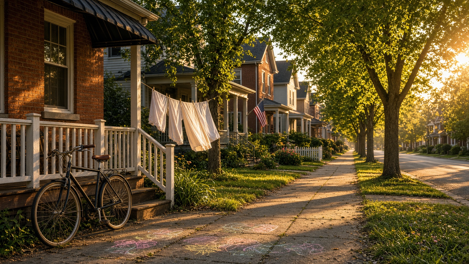 A small American street in hard afternoon light, trees in full leaf